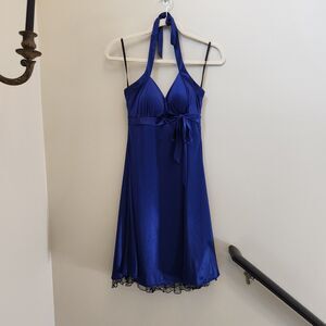 VTG 90s/Y2K IZ Byer Blue Satin Halter Mini Slip Dress Fairygoth 2000s Partygirl